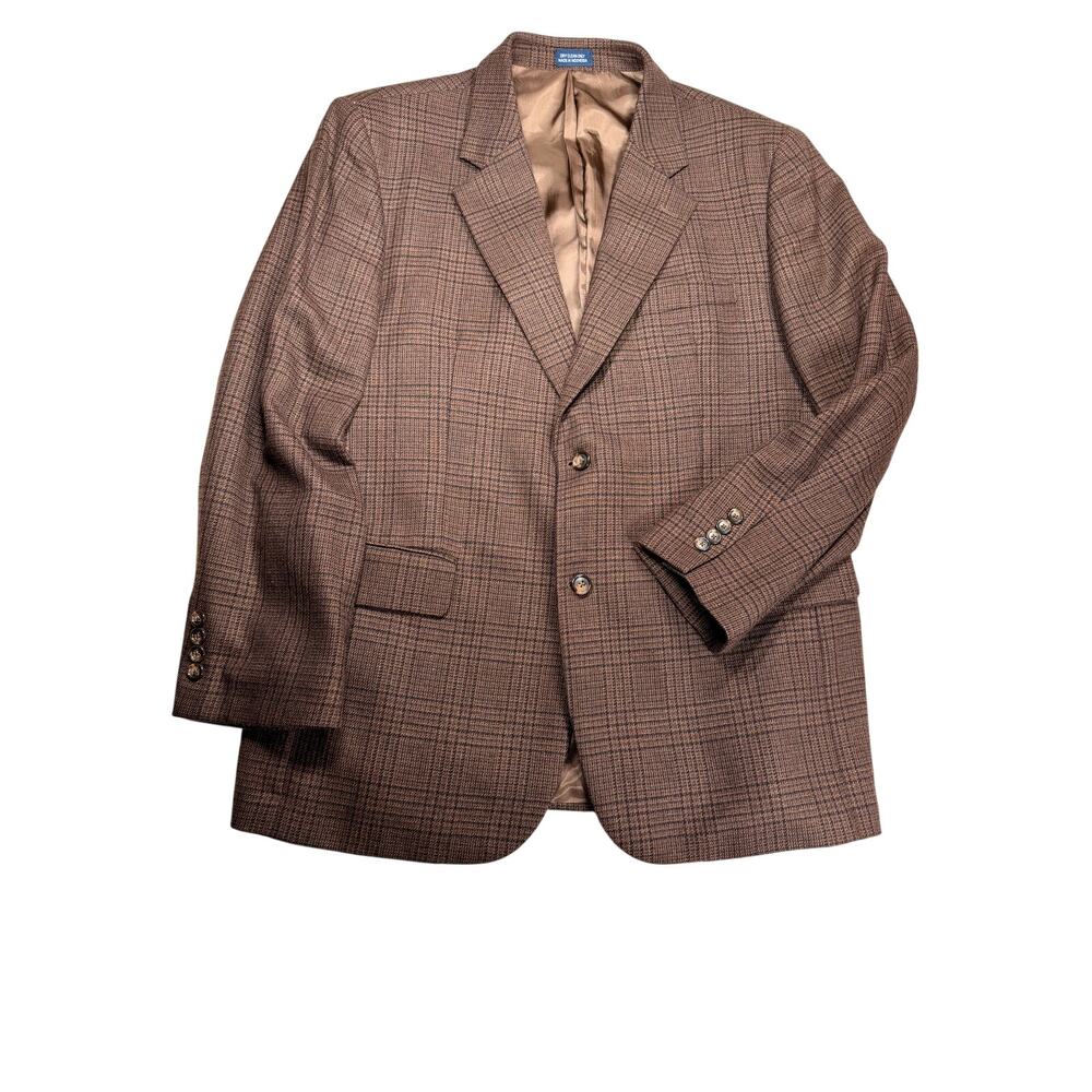 Meeting Street Mens 42R Lambswool Cashmere Blazer Brown Plaid Sport Coat